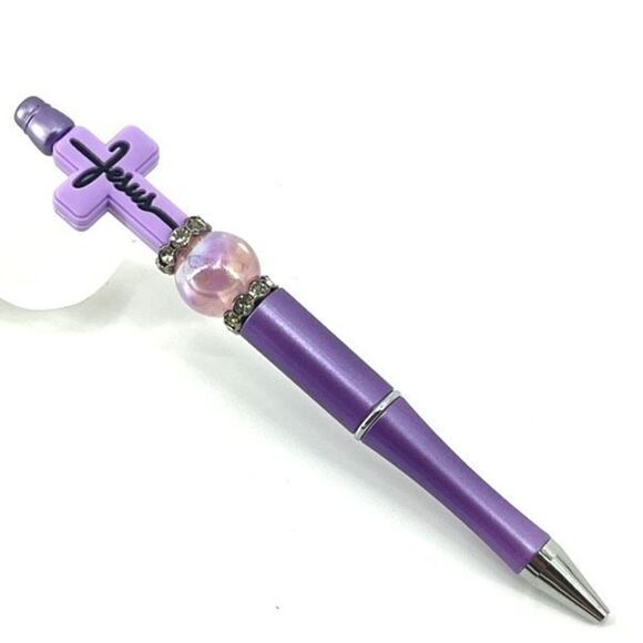Jesus cross Christ Christian handmade pen NEW beads rhinestone bling lavender pu - Picture 2 of 6